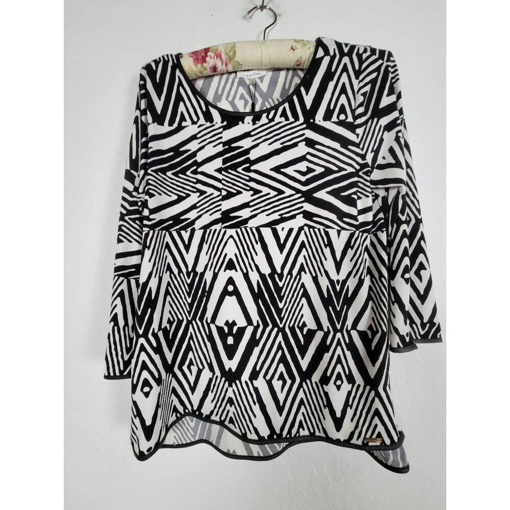 Calvin Klein Womens Black & White Geometric Print 3/4 Sleeve Top Size Medium New